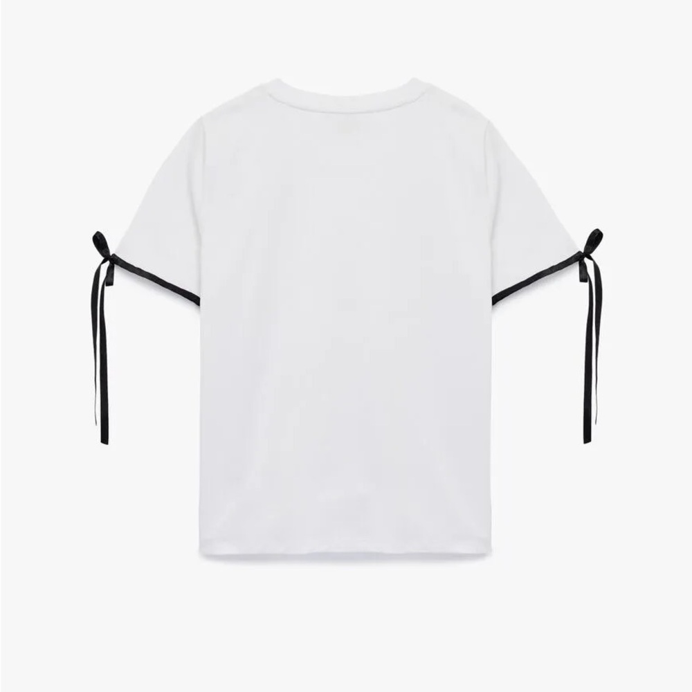 Zara White Short Sleeve Tee with Black Tie Details